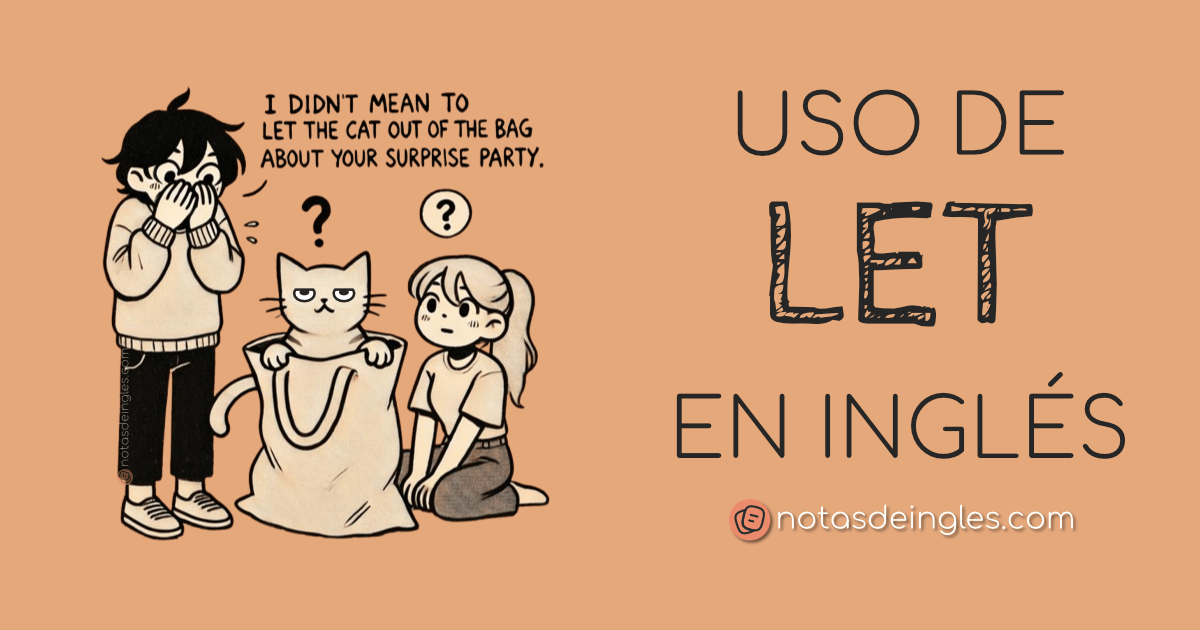 uso de let en ingles un chico tapándose la boca, una chica con cara de admiración al ver salir un gato de una bolsa